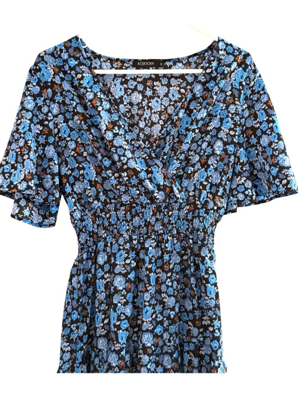Kojooin Womens Medium Floral Midi Dress V-Neck S/S Blue Black Cottagecore - Picture 4 of 7
